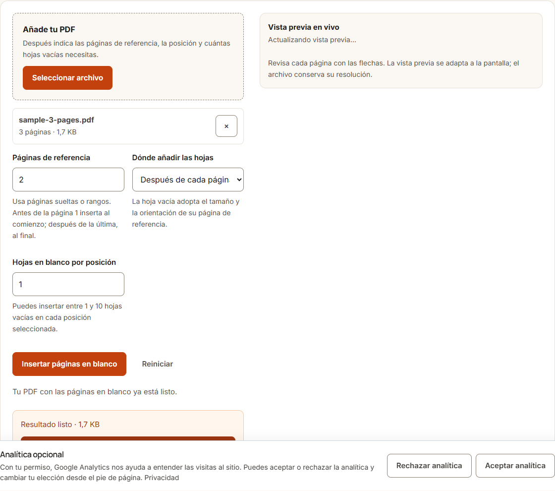 Ejemplo de Insertar páginas en blanco con datos de prueba