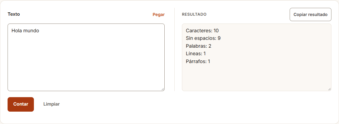 Ejemplo de Contador de caracteres y palabras con datos de prueba
