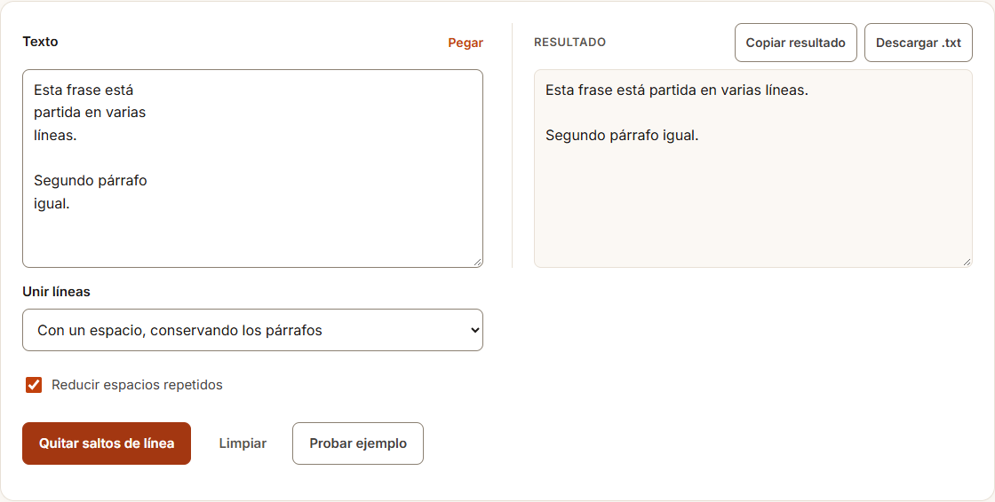 Ejemplo de Quitar saltos de línea con datos de prueba