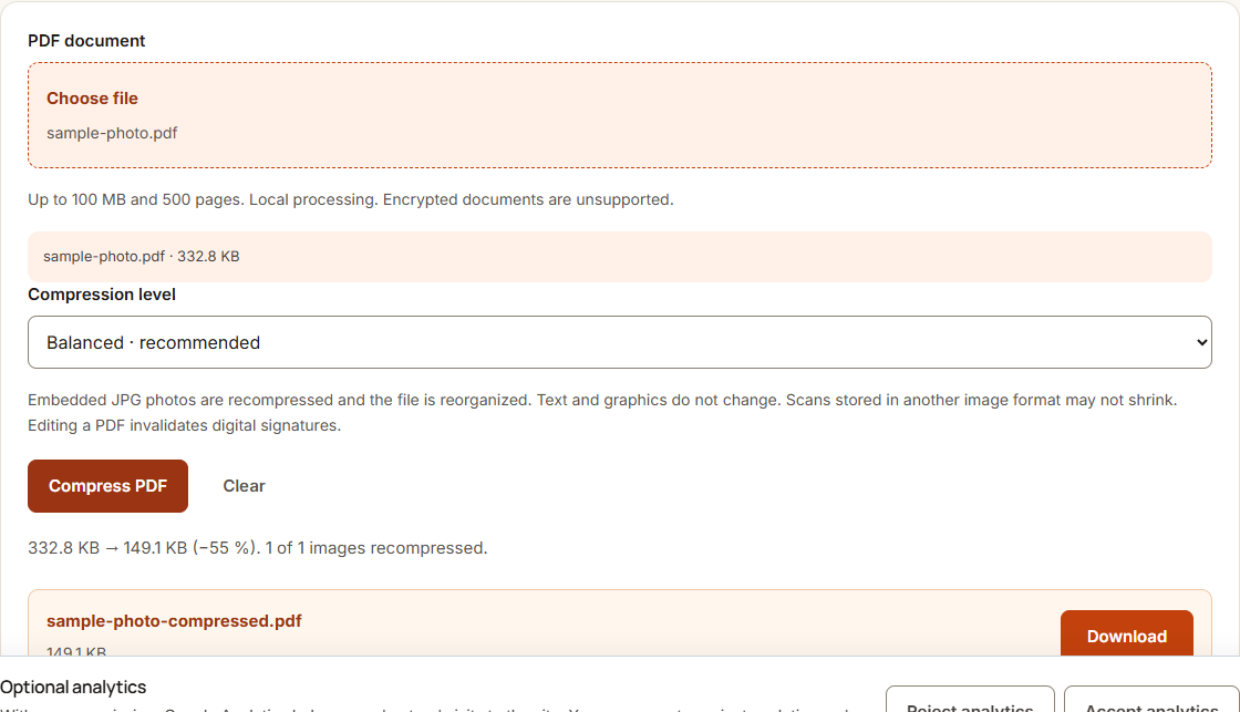 Compress PDF example using sample data