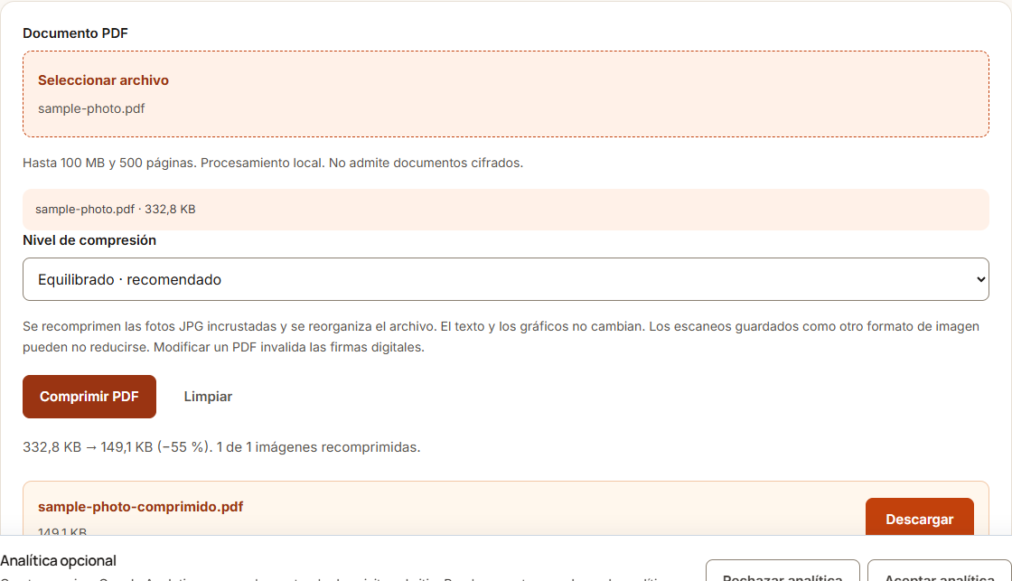 Ejemplo de Comprimir PDF con datos de prueba