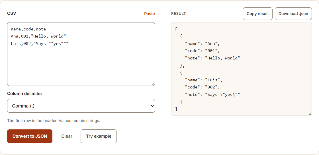 CSV to JSON example using sample data