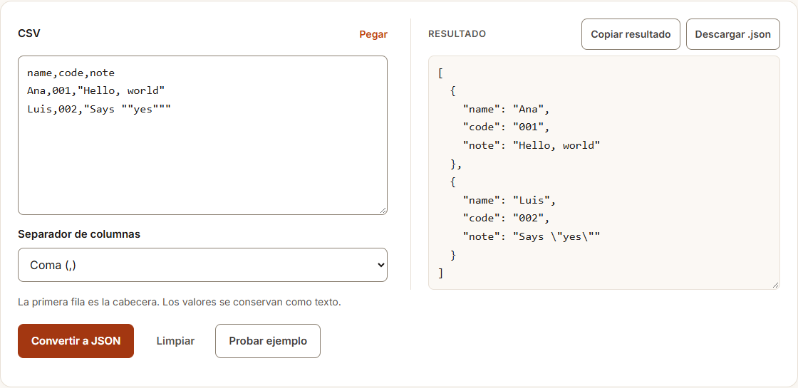 Ejemplo de CSV a JSON con datos de prueba