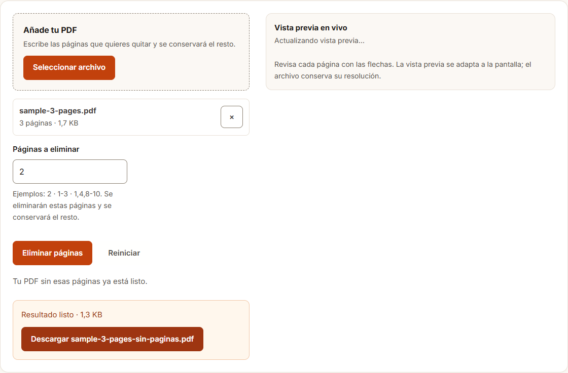 Ejemplo de Eliminar páginas PDF con datos de prueba