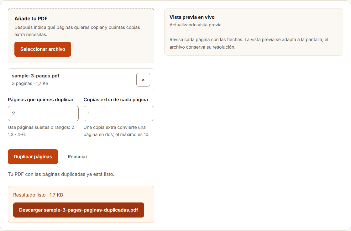 Ejemplo de Duplicar páginas PDF con datos de prueba