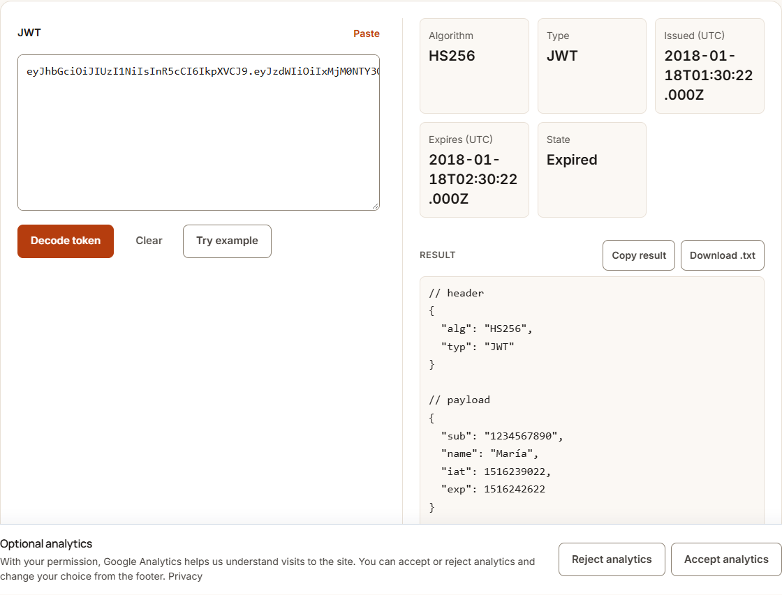 JWT decoder example using sample data