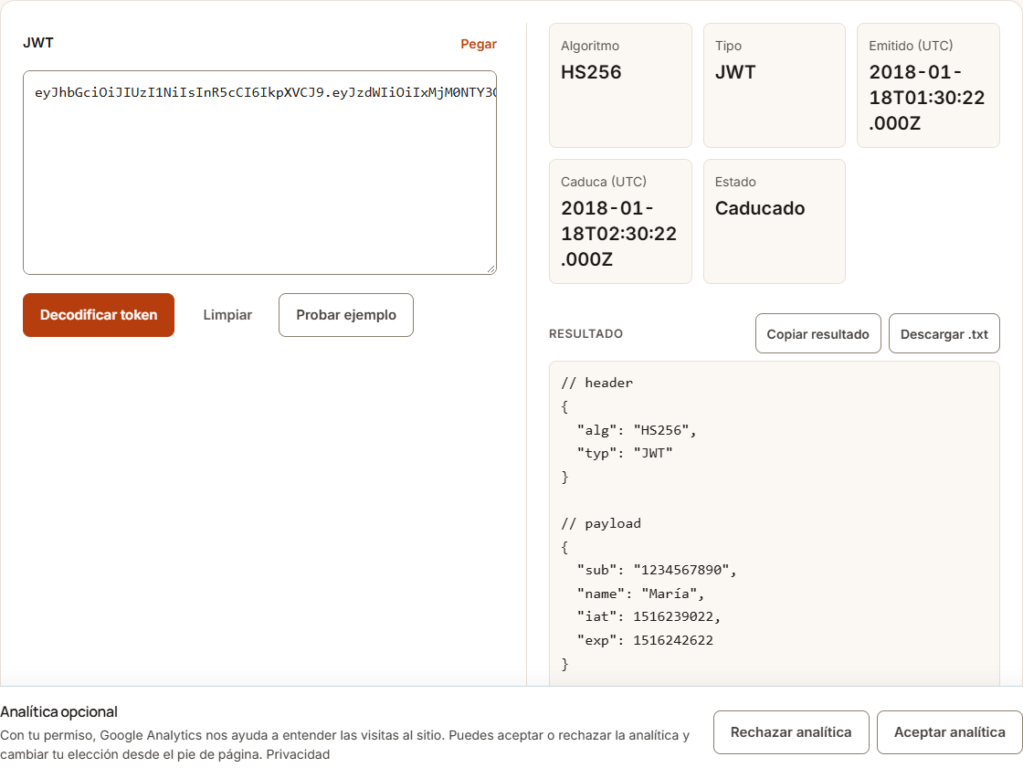 Ejemplo de Decodificar JWT con datos de prueba