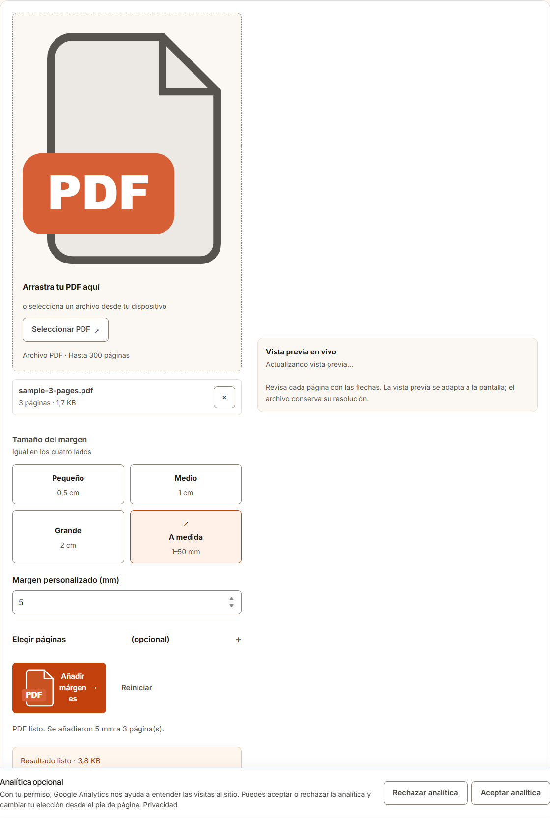 Ejemplo de Añadir márgenes PDF con datos de prueba