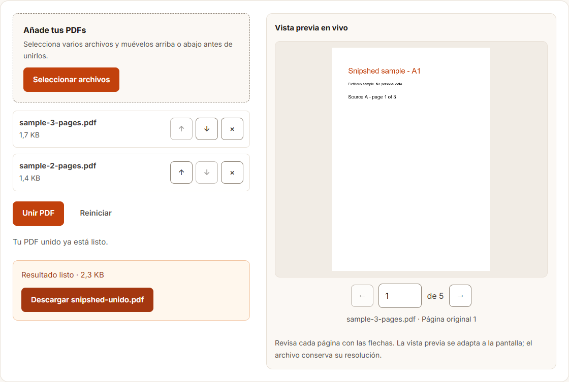 Ejemplo de Unir PDF con datos de prueba