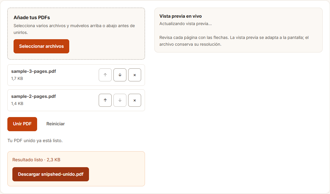Ejemplo de Unir PDF con datos de prueba