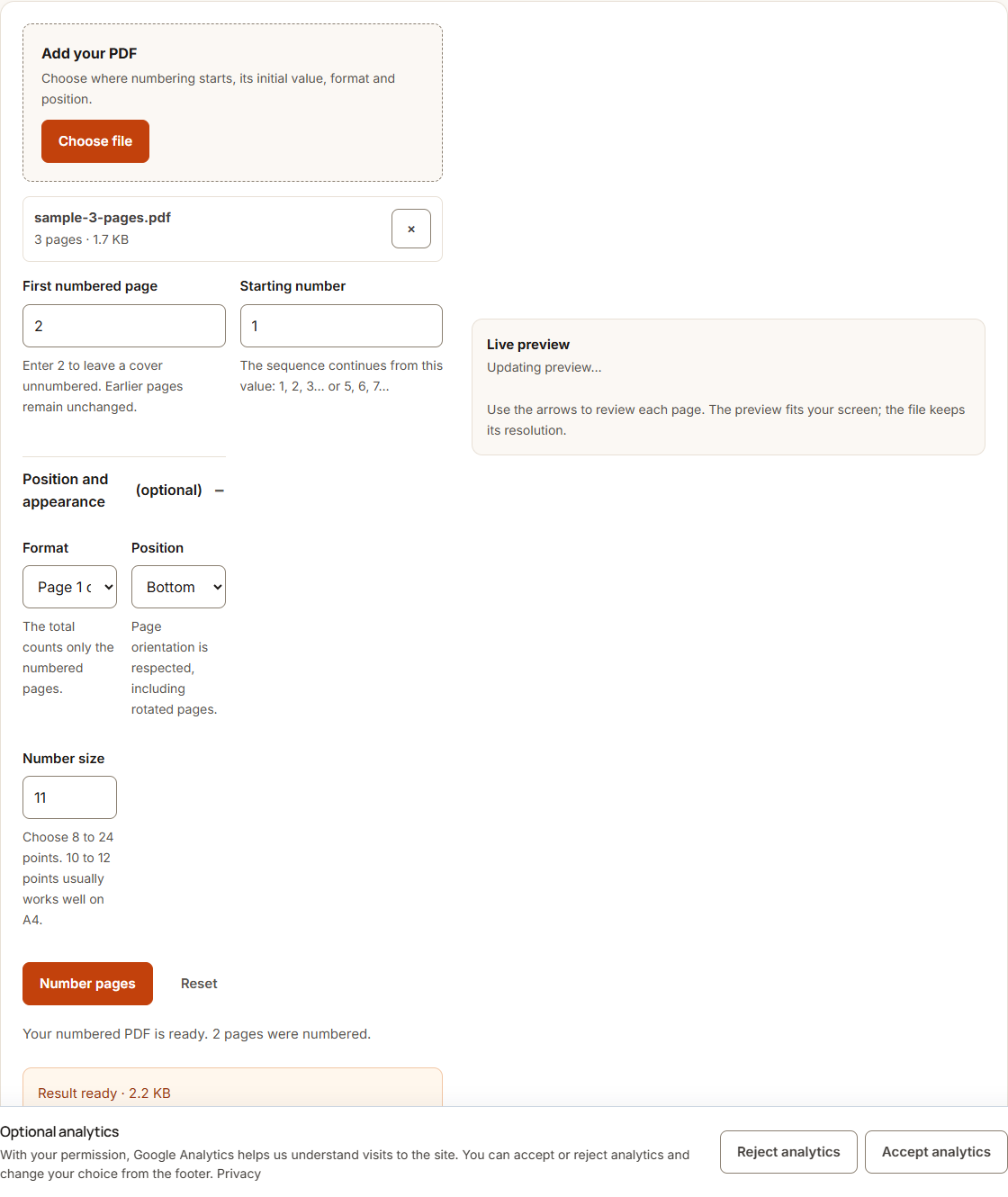 Number PDF pages example using sample data