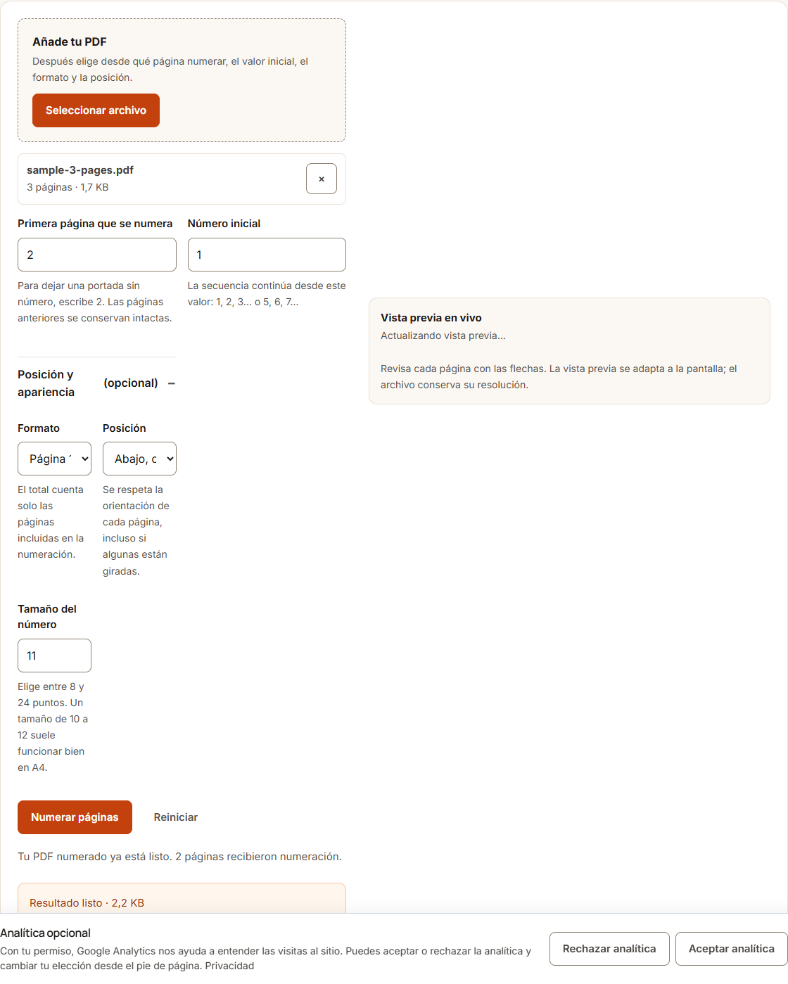 Ejemplo de Numerar páginas PDF con datos de prueba