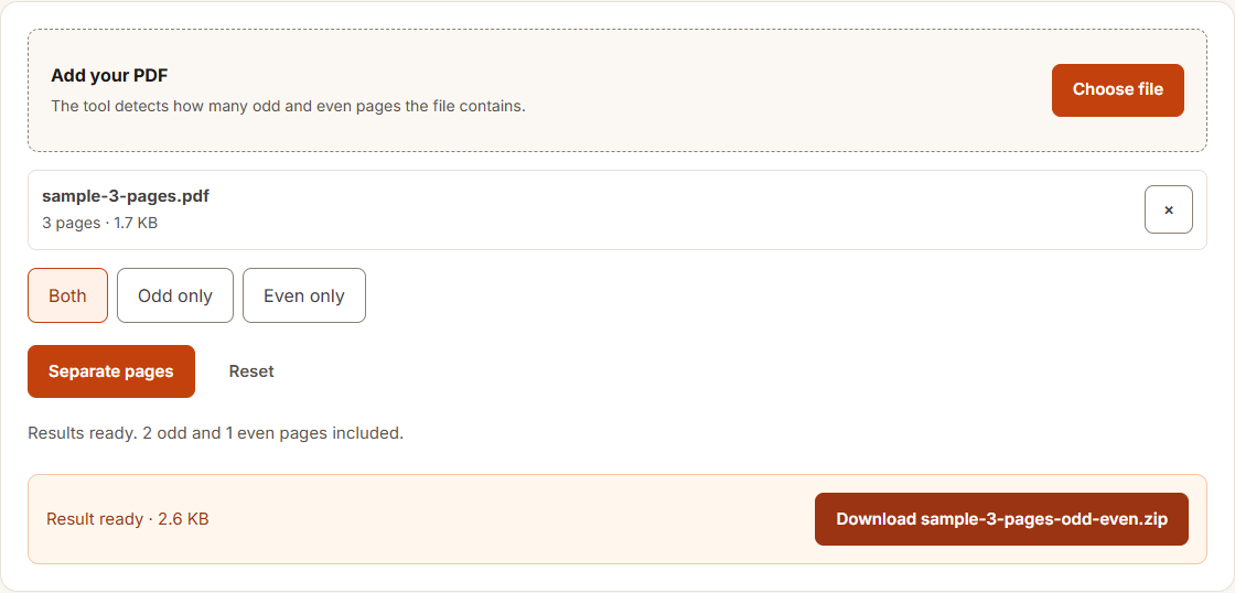 Split odd and even PDF pages example using sample data