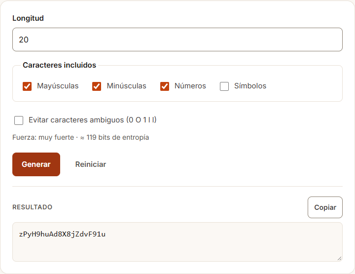 Ejemplo de Generador de contraseñas con datos de prueba