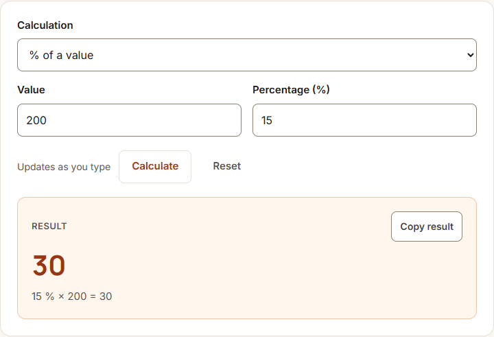 Percentage calculator example using sample data