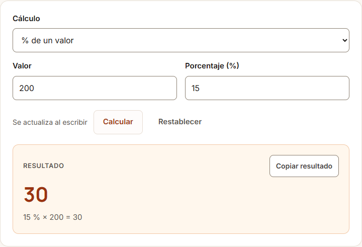 Ejemplo de Calculadora de porcentajes con datos de prueba