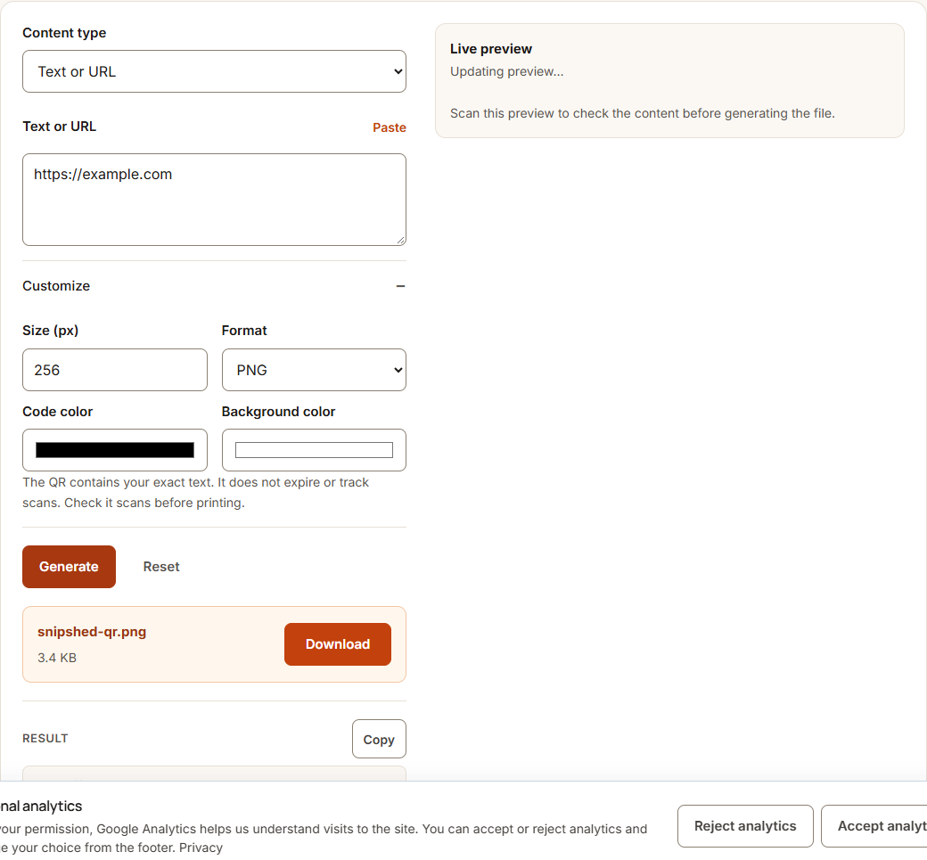QR code generator example using sample data