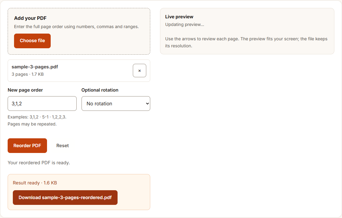 Reorder PDF pages example using sample data