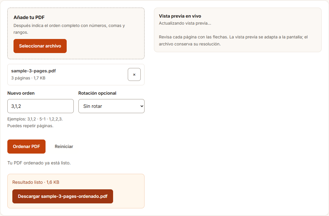 Ejemplo de Ordenar páginas PDF con datos de prueba