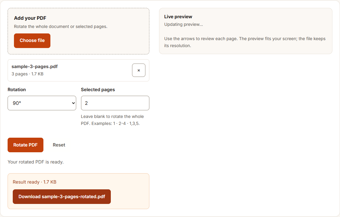 Rotate PDF example using sample data