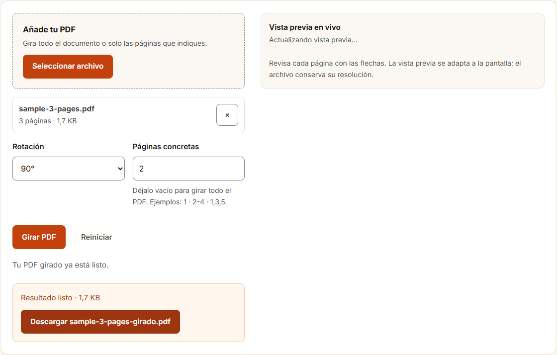 Ejemplo de Girar PDF con datos de prueba
