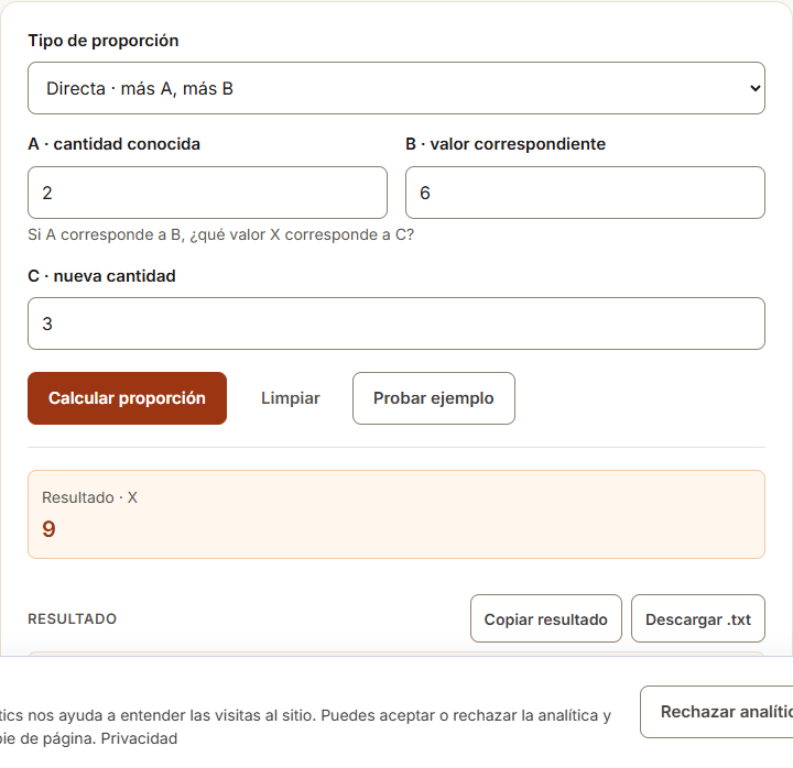 Ejemplo de Regla de tres con datos de prueba