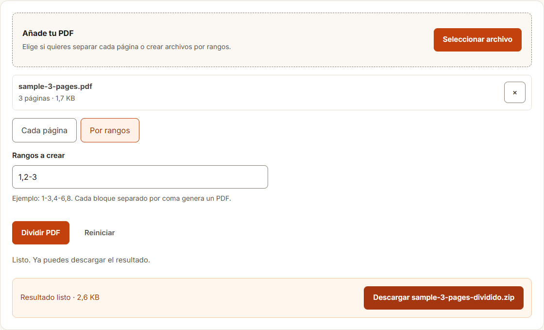 Ejemplo de Dividir PDF con datos de prueba
