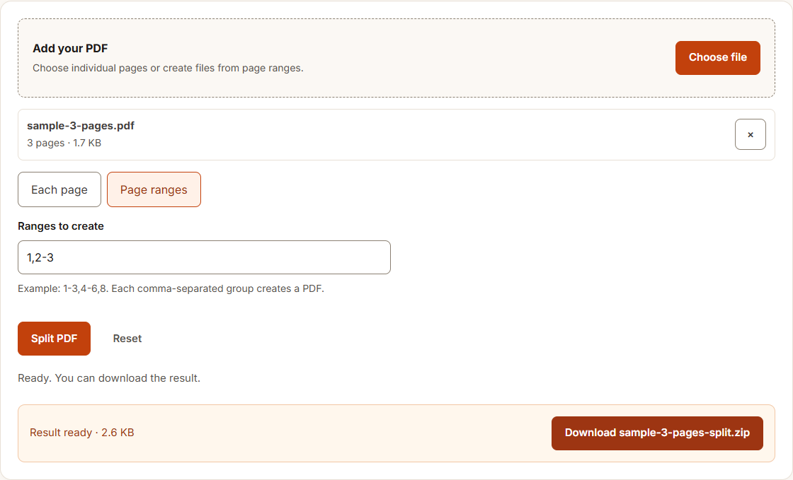Split PDF example using sample data