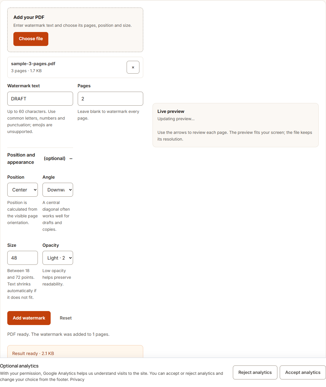 Watermark PDF example using sample data
