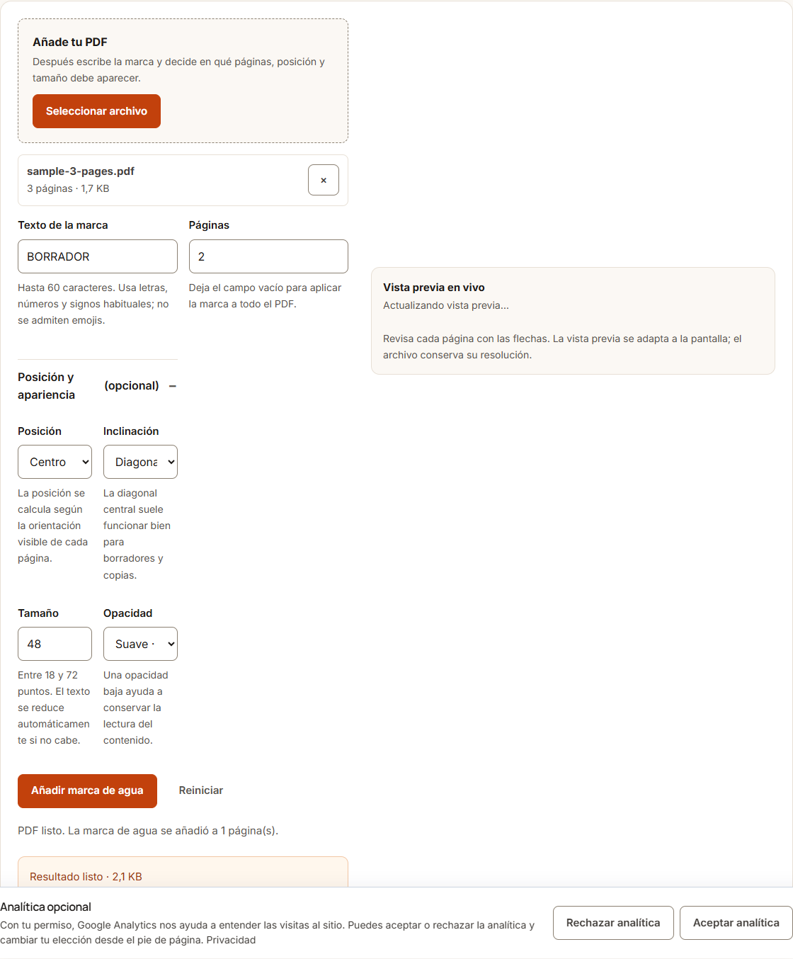Ejemplo de Marca de agua PDF con datos de prueba